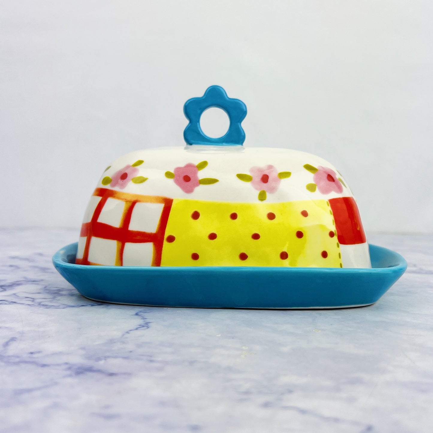 Hand Painted Butter Dish with Flower Handle