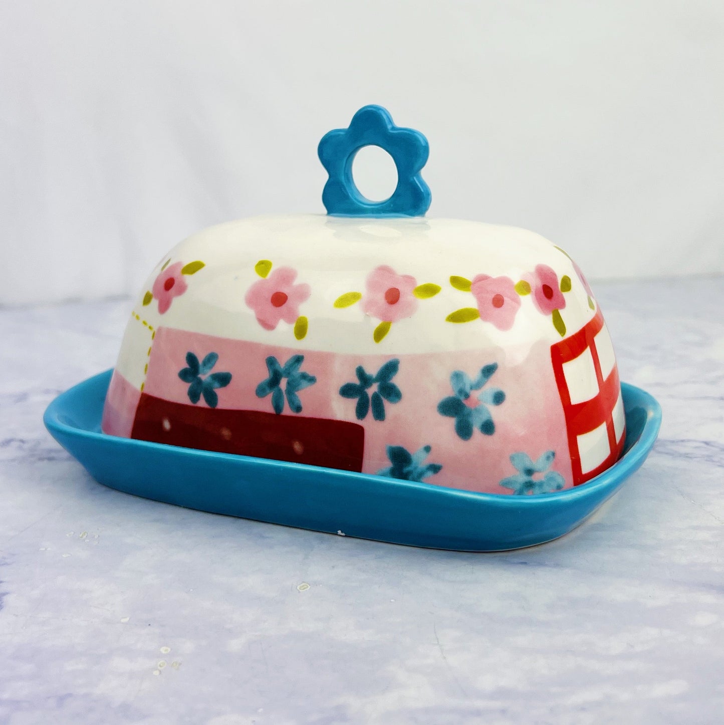 Hand Painted Butter Dish with Flower Handle