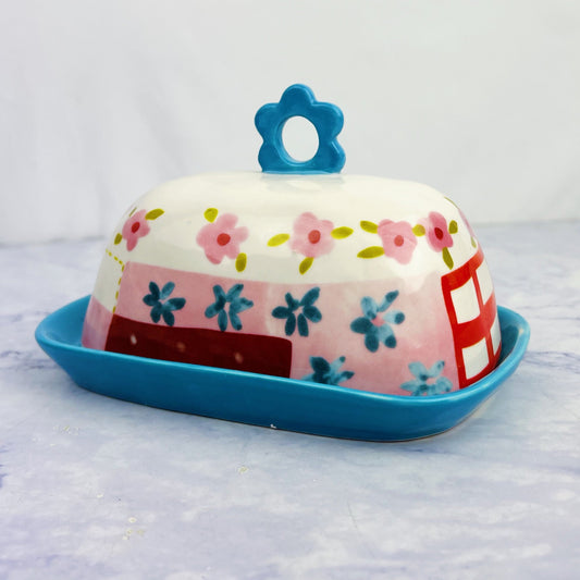 Hand Painted Butter Dish with Flower Handle