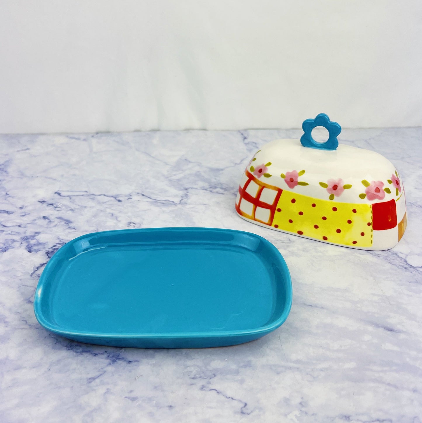 Hand Painted Butter Dish with Flower Handle